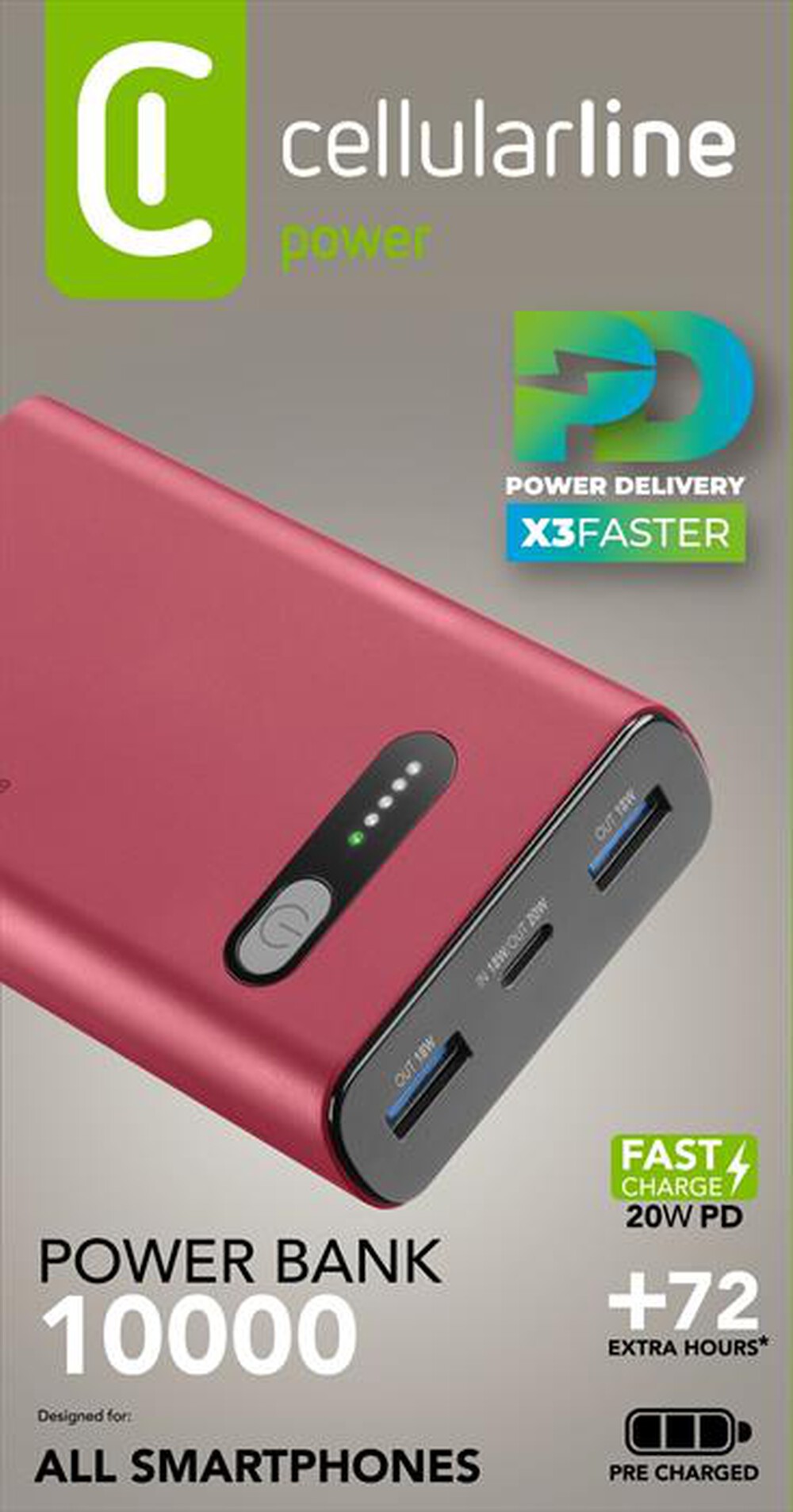 Immagine del prodotto CELLULARLINE - Caricabatterie Portatile PBFAST01PD10000R-Rosso