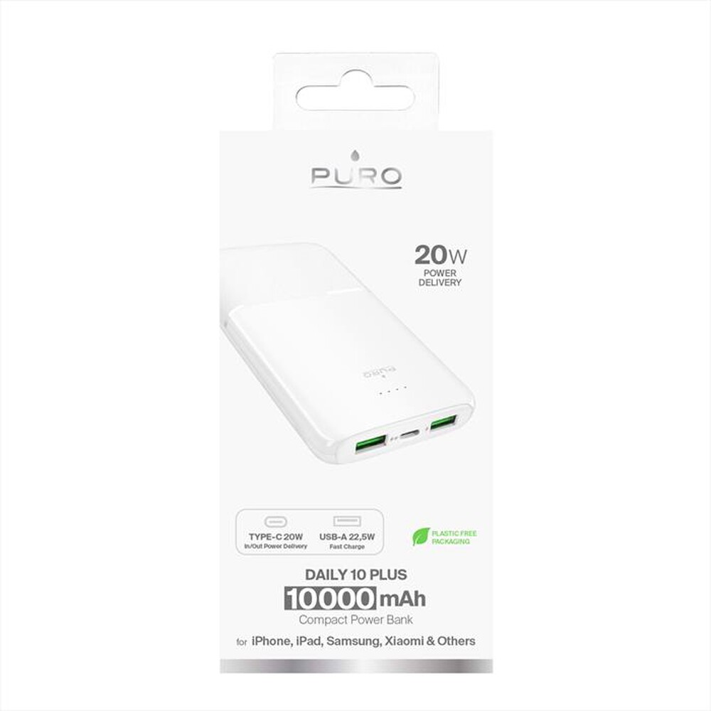 Immagine del prodotto PURO - Powerbank 10.000mAh con 2 porte USB-A e 1 USB-C-Bianco
