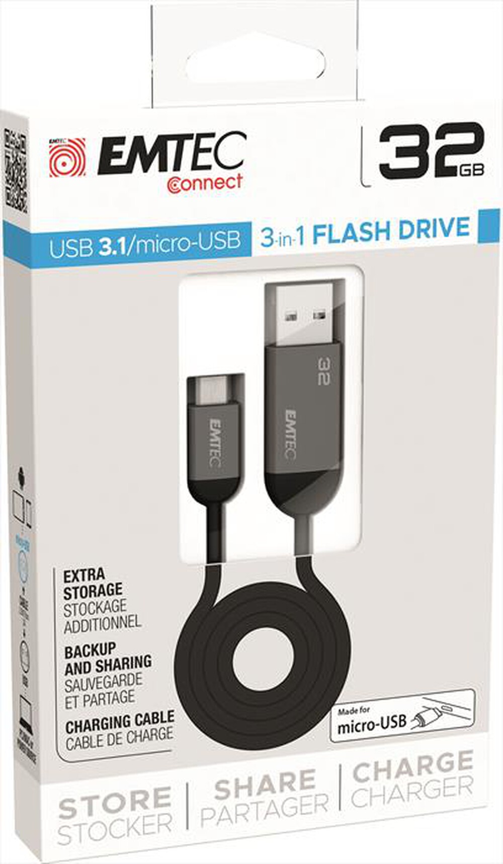 Immagine del prodotto EMTEC - T750B ON-THE-GO  DUAL USB 3.1 / MICRO USB FLASH D-Grigio / Nero
