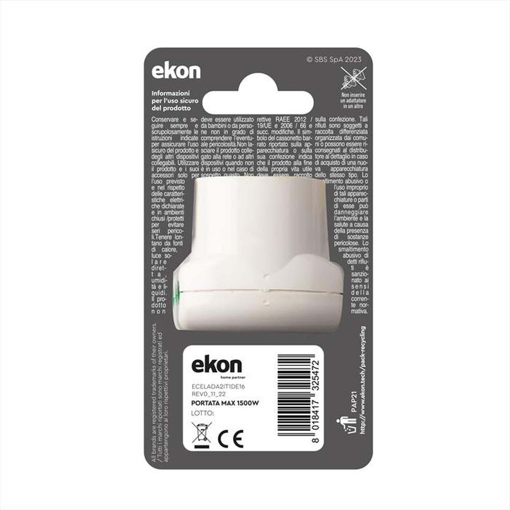 Immagine del prodotto EKON - Adattatore triplo 2 prese italiane ECELADA2IT1DE16-Bianco