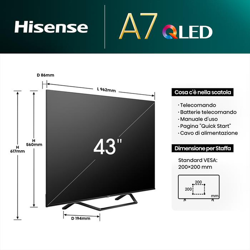 Immagine del prodotto HISENSE - Smart TV Q-LED UHD 4K 43" 43A79NQ-NERO