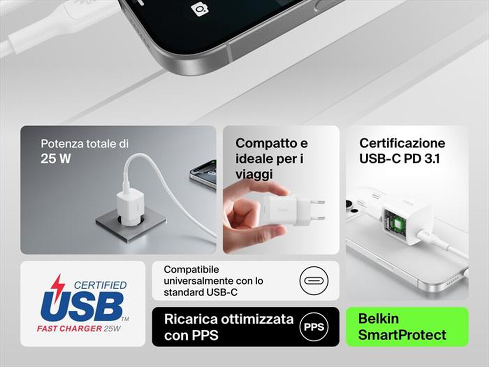 Immagine del prodotto BELKIN - Caricabatteria USB-C 25 W + cavo USB-C/USB-C da 1m-Bianco