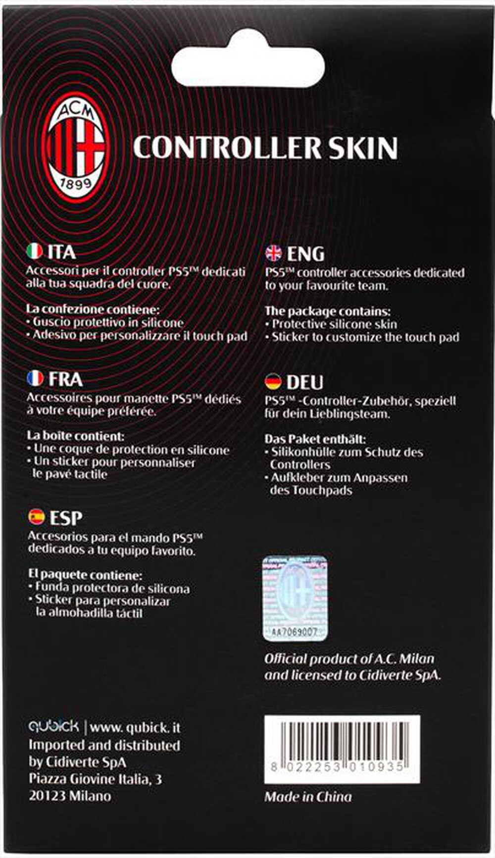 Immagine del prodotto QUBICK - CONTROLLER SKIN AC MILAN 3.0 PS5