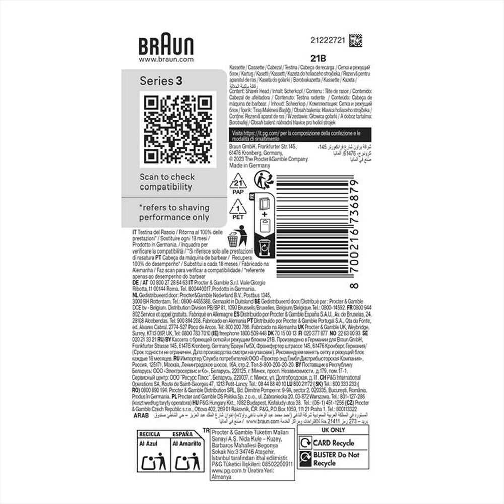 Immagine del prodotto BRAUN - Testina di Ricambio ORIGINALE MALHRREMKP 21B-NERO