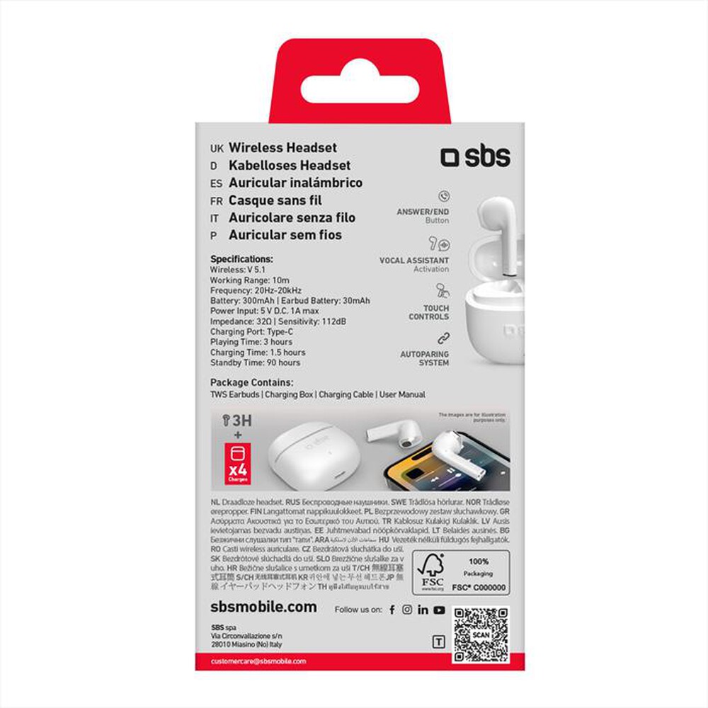 Immagine del prodotto SBS - Auricolare bluetooth TEEARTWSCOLW-Bianco