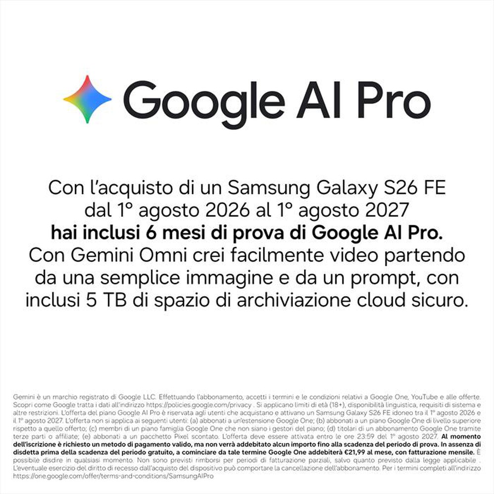 Immagine del prodotto SAMSUNG - Smartphone Galaxy S26 FE 8GB+256GB-Pistachio