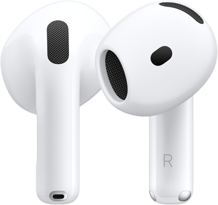 Un paio di AirPods 5, con un auricolare mostrato di fronte e uno da dietro per evidenziare il design