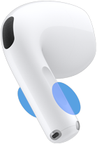 Un auricolare AirPods 5 visto da dietro, cerchi blu che indicano dove toccare lo stelo per regolare il volume