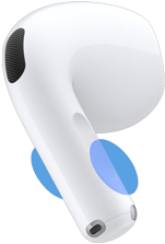 Un auricolare AirPods 5 visto da dietro, cerchi blu che indicano dove toccare lo stelo per regolare il volume