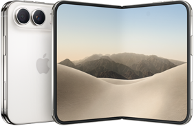 iPhone Duo bianco stellare chiuso, mostrato da dietro, sistema a doppia fotocamera Fusion in alto a sinistra, logo Apple al centro. Display interno aperto, design all-screen, angoli arrotondati