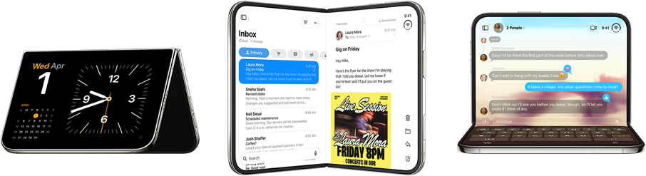 iPhone Duo mostrato in varie posizioni: nella prima è leggermente aperto, appoggiato, con il display esterno in orizzontale, design all-screen. Leggermente aperte, come libri in verticale. Nella terza è aperto ad angolo retto e appoggiato sul display esterno e mostra il display interno, design all-screen