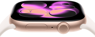 Apple Watch Series 11 cassa in alluminio color oro rosa, quadrante Responsive Art, lato destro, Digital Crown, microfono, tasto laterale, cinturino Sport rosa fard