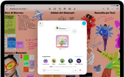 iPad Air in orizzontale mostrato di fronte, tasto per alzare il volume, tasto per abbassare il volume, tasto di accensione, lo schermo mostra un’interfaccia colorata di un’app con varie icone
