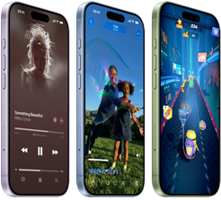 Vari iPhone 17 visti di fronte e di lato, che mostrano Apple Music, riproduzione video, videogioco, tasto Azione, tasti del volume