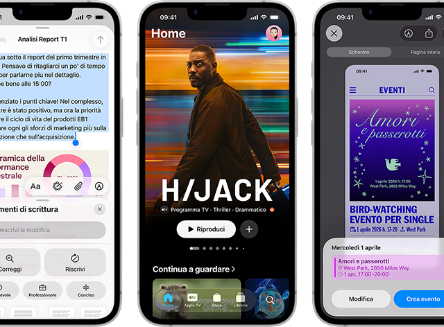 Degli iPhone 17e affiancati che mostrano varie schermate: la scena di un gioco, gli Strumenti di scrittura, l’app Apple TV, la creazione di un evento nel Calendario, la creazione di una Genmoji