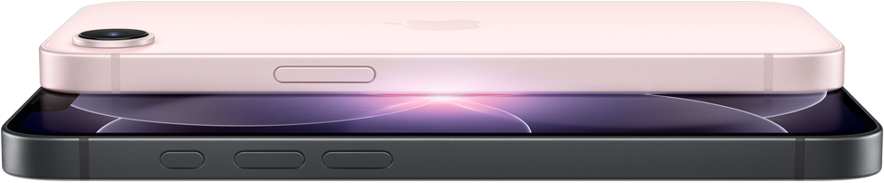 iPhone 17e rosa chiaro, in orizzontale, mostrato da dietro; iPhone 17e nero, in orizzontale, mostrato di fronte